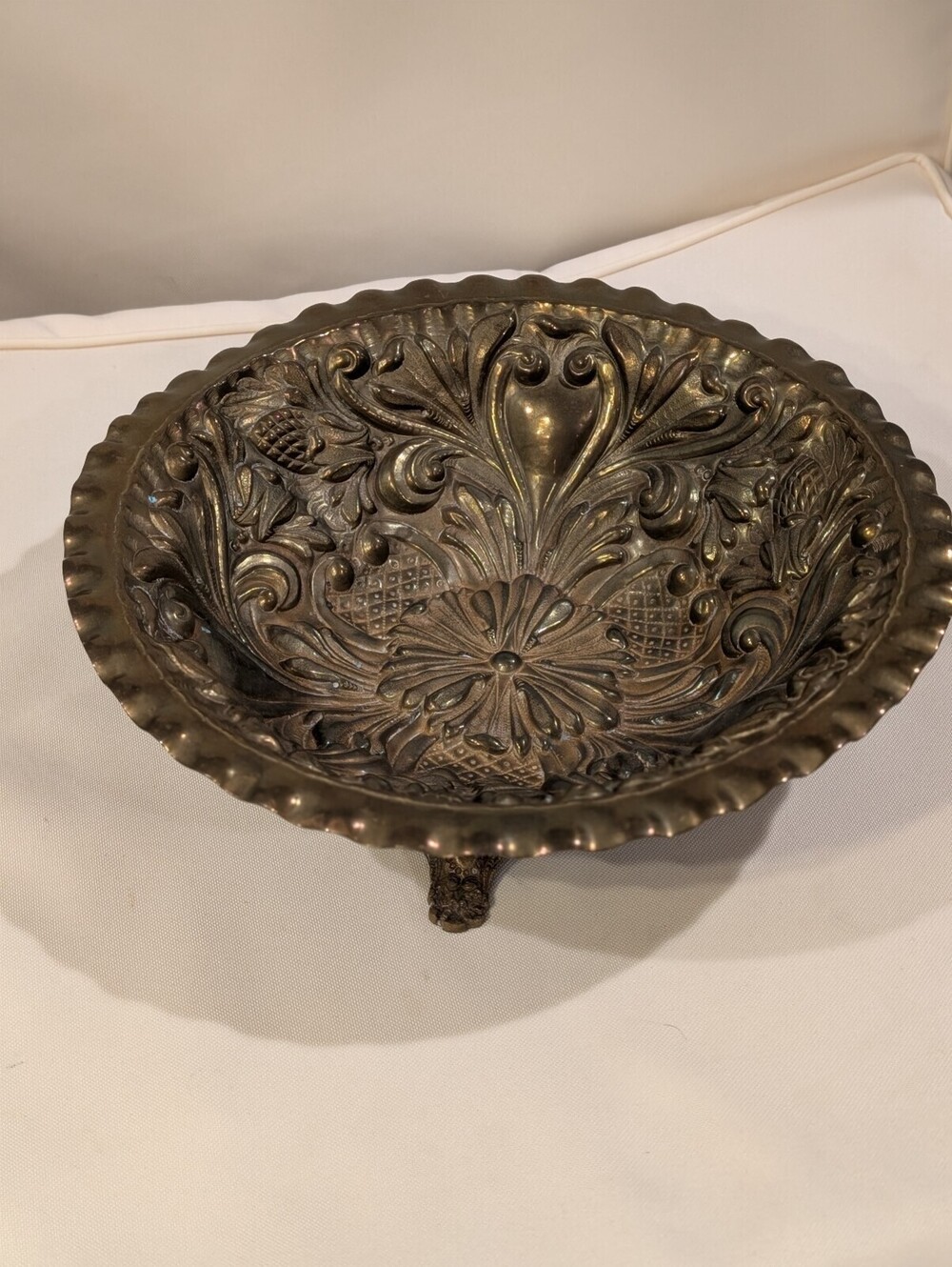 Vintage Ornate Brass Footed Bowl 11” Embossed Floral Fruit Centerpiece